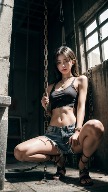8k, Masterpiece, best quality, realistic, very detailed, 1 woman, healthy body, realistic skin texture, Chest Botox,big breasts, staring at the audience, Crop shirt, Short t-shirt, tank top, underboobs, under , micro mini skirt, Sexy Pants, His shorts were torn, revealing skin.,((Wear torn clothes.)),(no panties, no bra)),Sweating,wet,wet crotch,wet thighs, ((Torn clothing)), light shines inside, Face focus, good eyes, detailed face, The face was bright..., during the day, low angle shot, View from below,Beautiful tattoos,small belly cake,((A wide, sunny prison)),dark fantasy, Ceiling peeling, Broken concrete slab, Rebar between cracks, realistic material details, Extreme details, ultra-realistic materials, broken wall,blood、Garbage plant, blood splattered on the face, blood splattered, realistic, (Bruises, dirty, Torn clothes, Skimpy clothes, blood: 1.3), Torn cloak, Torn stockings, restraint, ((Astride a steel bar)),(Completely bound by chains), restraint, slave, collar, insult, (Chained), ((The chain dug into the crotch.)), His hands were tied behind his back., invisible hand, ((4 chains hanging from heaven)), Metal shackles and chains, wet crotch clearly visible, ((steel pipe into the target)), ((両手首が頭の上でrestraintされている)), ((His left leg was tied at the knee, hanging.)),His hands, legs, and neck were connected by five chains.、Chain from left knee to heaven、rusty iron chain、(((thin metal drill Protruding from his crotch stuck to the ground.)))、10 chains radiate from the back.、Y-shaped balance pose, left leg tied、Swarovski swords and shields are at the feet.,