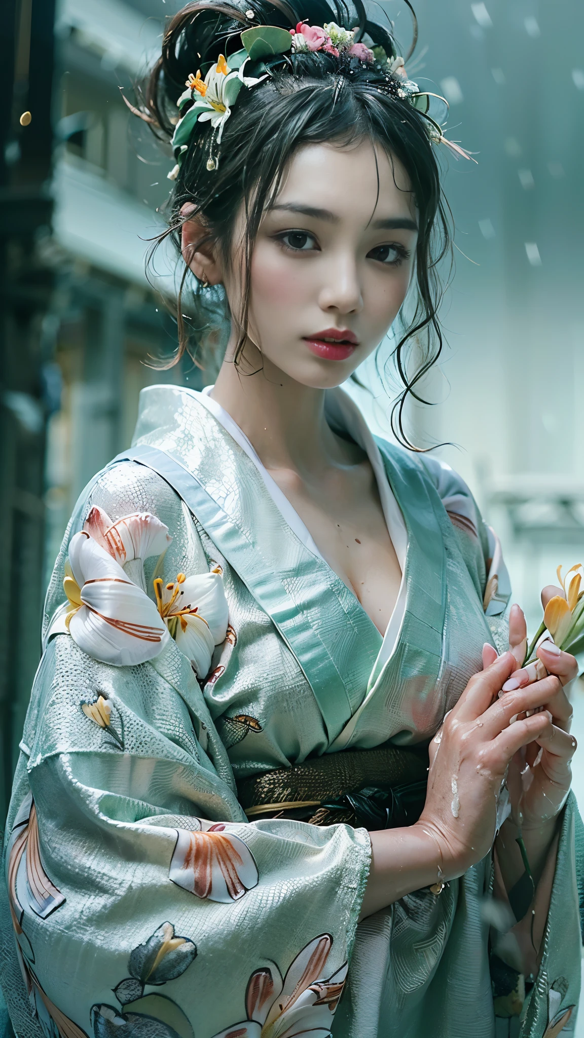 (RAW shooting, Photoreal:1.5, 8K, highest quality, masterpiece, ultra high resolution), ((((heavy snow, Blizzard)))), Highly detailed skin and facial textures:1.3, perfect dynamic composition:1.2, (In front of a shrine at night in a modern city, expression of sadness:1.0, Tears are flowing:1.0, cry with a broken heart:1.0), Slim office lady wet in the rain:1.3, cowboy shot, Fair skin:1.2, sexy beauty:1.1, perfect style:1.2, beautiful and aesthetic:1.1, very beautiful face:1.2, water droplets on the skin, (rain drips all over my body:1.2, wet body:1.2, wet hair:1.3), (Professional kimono dressing:1.1, Holding a bouquet of wet lilies:1.2, Wearing a wet silver kimono correctly:1.3), (Medium chest, Bra see-through, Chest gap),  (Eyes that feel beautiful eros:0.9, Too erotic:0.9, Bewitching:0.9), necklace, earrings, bracelet, wedding ring, Highly detailed hand and finger expressions