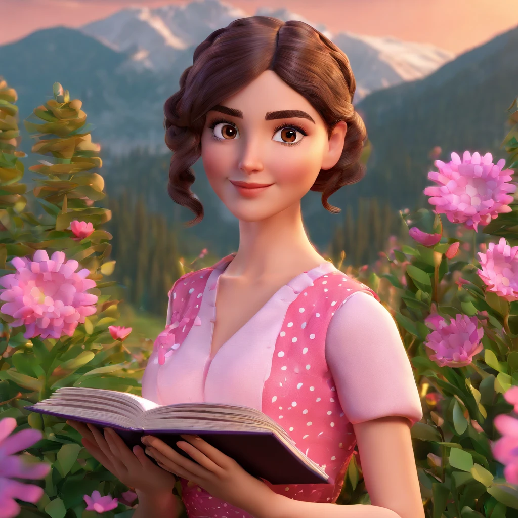Cute girl with brown eyes, brunette, in a pink dress with purple polka dots stands against the backdrop of a mountain, green, In the hands of a book
