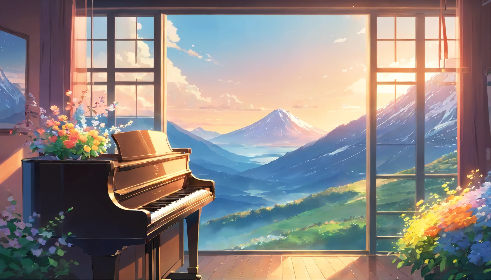 piano, Flowers, Mountain landscape with windows