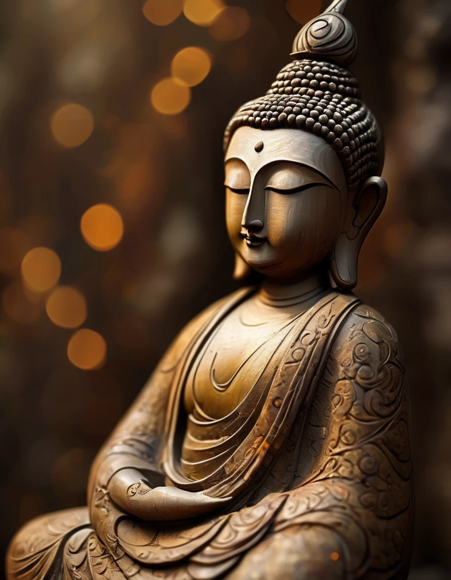 (masterpiece, best quality:1.2), Tathagata Buddha, Painted in earthy tones，With subtle patterns and textures，Invoking Ancient Wisdom. Focus on the face，With depth of field and bokeh effects. This is a high resolution image，Complex details，The background is dark，Soft lighting, style of. 
