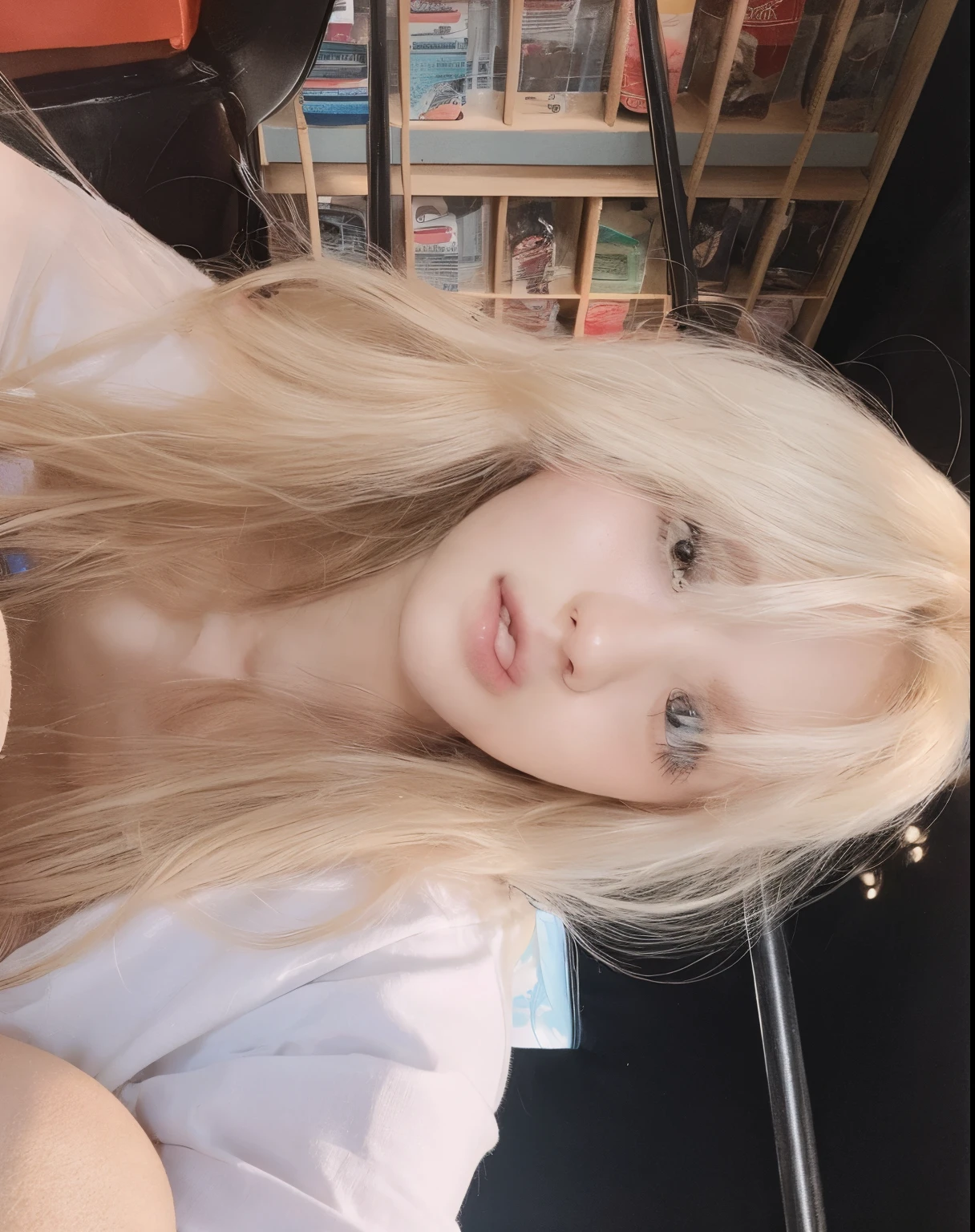 Chica de pelo rubio con ojos azules y una camisa blanca posando para una foto., pelo largo y blanco y flequillo, Lalisa Manobal, Lalisa Manoban de Blackpink, ulzzang, pelo largo y rubio y ojos grandes, cabello con flequillo blanco, flequillo blanco, pelo largo con flequillo completo, parque roseanne de blackpink, con pelo largo y blanco, pelo largo con flequillo