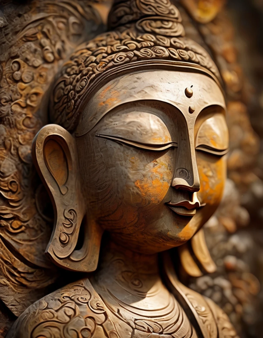 (masterpiece, best quality:1.2), Tathagata Buddha, Painted in earthy tones，With subtle patterns and textures，Invoking Ancient Wisdom. Focus on the face，With depth of field and bokeh effects. This is a high resolution image，Complex details，The background is dark，Soft lighting, style of. 
