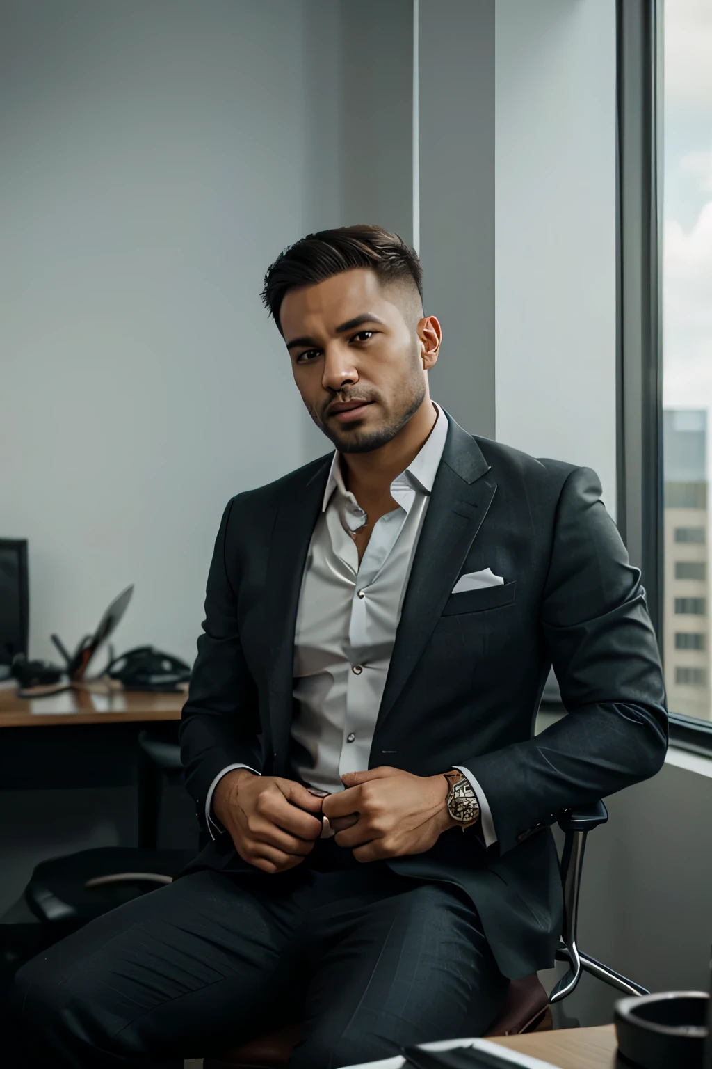 An Ork in a full 3 piece suit awaiting an interview at an office