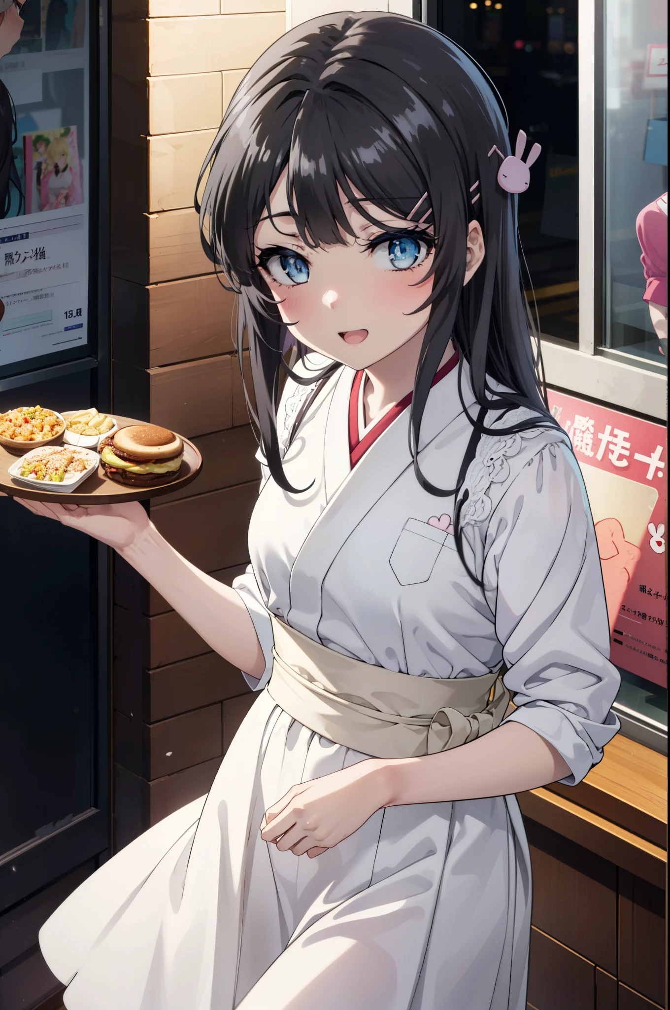 maisakurajima, Mai Sakurajima, Long Hair, bangs, (Black Hair:1.5), hair ornaments, (Purple eyes:1.1), Hair Clip, rabbit hair ornaments,time　Daytime,Clear skies,Light of the sun,
happy smile, smile, Open your mouth,blush,Idol-style white kimono,long furisode,White mini skirt,White tights,Sandals,tray, tray in one hand,A beautiful waitress with Long Hair comes to the table to take our order,It&#39;s as if your whole body is in the illustration.,Maid Headless, 　　　　　　　　　　　　break looking at viewer, (Cowboy Shot:1. 5) ,　　　　　　　　　　　　　　　　　　　　break indoors, coffee shop, break (masterpiece:1.2), highest quality, High resolution, unity 8k wallpaper, (shape:0.8), (Beautiful and beautiful eyes:1.6), Highly detailed face, Perfect lighting, Extremely detailed CG, (Perfect hands, Perfect Anatomy),