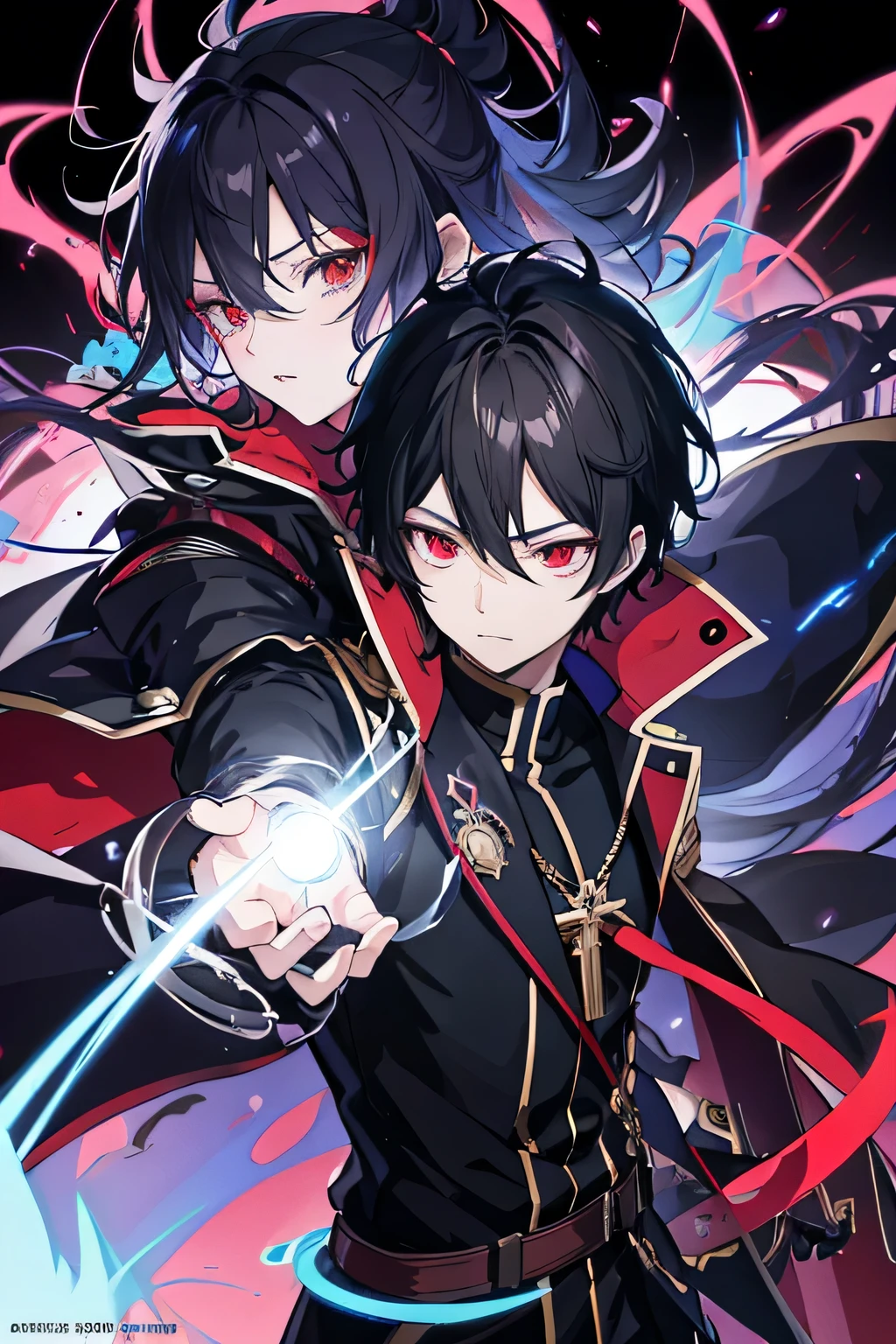 Anime boy with black light in hand, shadow young wizard, Epic anime style, anime key artโดยละเอียด, Shadowverse style, Fantasy style anime, devil man, anime key art, Red eyes, black hair, commander's uniform strong person fighting the devil,Lots of power