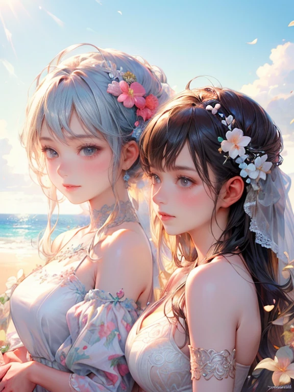 whole body shot, (best quality, highres,masterpiece:1.2, 8k, ultra-details:1.2, photorealistic:1.37), cute girl in  bright and sunny sandy beach wedding, pure white swimware that resembles a wedding dress, bangs, beautiful delicate (eyes, lips), ((holding a bouquet tightly)), crystal clear turquoise water, white sandy beach, tropical palm trees swaying in the gentle breeze, colorful beach umbrellas providing shade, happily expressions on the faces of the bride, sparkling diamond ring on the bride's finger, soft golden sunlight creating a warm and romantic atmosphere, romantic beach decorations with shells and flowers, intricate lace details on the swimware, bride surrounded by their loved ones, clear blue sky with fluffy white clouds, refreshing sea breeze caressing everyone's skin, sounds of laughter and happiness filling the air, the gentle sound of waves crashing on the shore.