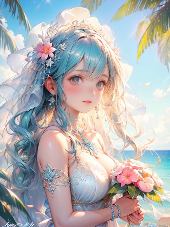 whole body shot, (best quality, highres,masterpiece:1.2, 8k, ultra-details:1.2, photorealistic:1.37), cute girl in  bright and sunny sandy beach wedding, pure white swimware that resembles a wedding dress, bangs, beautiful delicate (eyes, lips), ((holding a bouquet tightly)), crystal clear turquoise water, white sandy beach, tropical palm trees swaying in the gentle breeze, colorful beach umbrellas providing shade, happily expressions on the faces of the bride, sparkling diamond ring on the bride's finger, soft golden sunlight creating a warm and romantic atmosphere, romantic beach decorations with shells and flowers, intricate lace details on the swimware, bride surrounded by their loved ones, clear blue sky with fluffy white clouds, refreshing sea breeze caressing everyone's skin, sounds of laughter and happiness filling the air, the gentle sound of waves crashing on the shore.