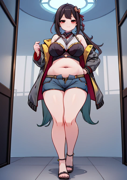 (masterpiece, best quality, highly detailed), 1girls, big belly, huge belly, art by kipteitei, round belly, chubby, curvy, belly grab, enormous belly, fat belly, thicc, bigger belly, really big belly, jiggly belly, glasses, unzipped jacket, (no shirt), bra, thight shorts, high heels, smug face ((full body)), long hair, dominant, giantess