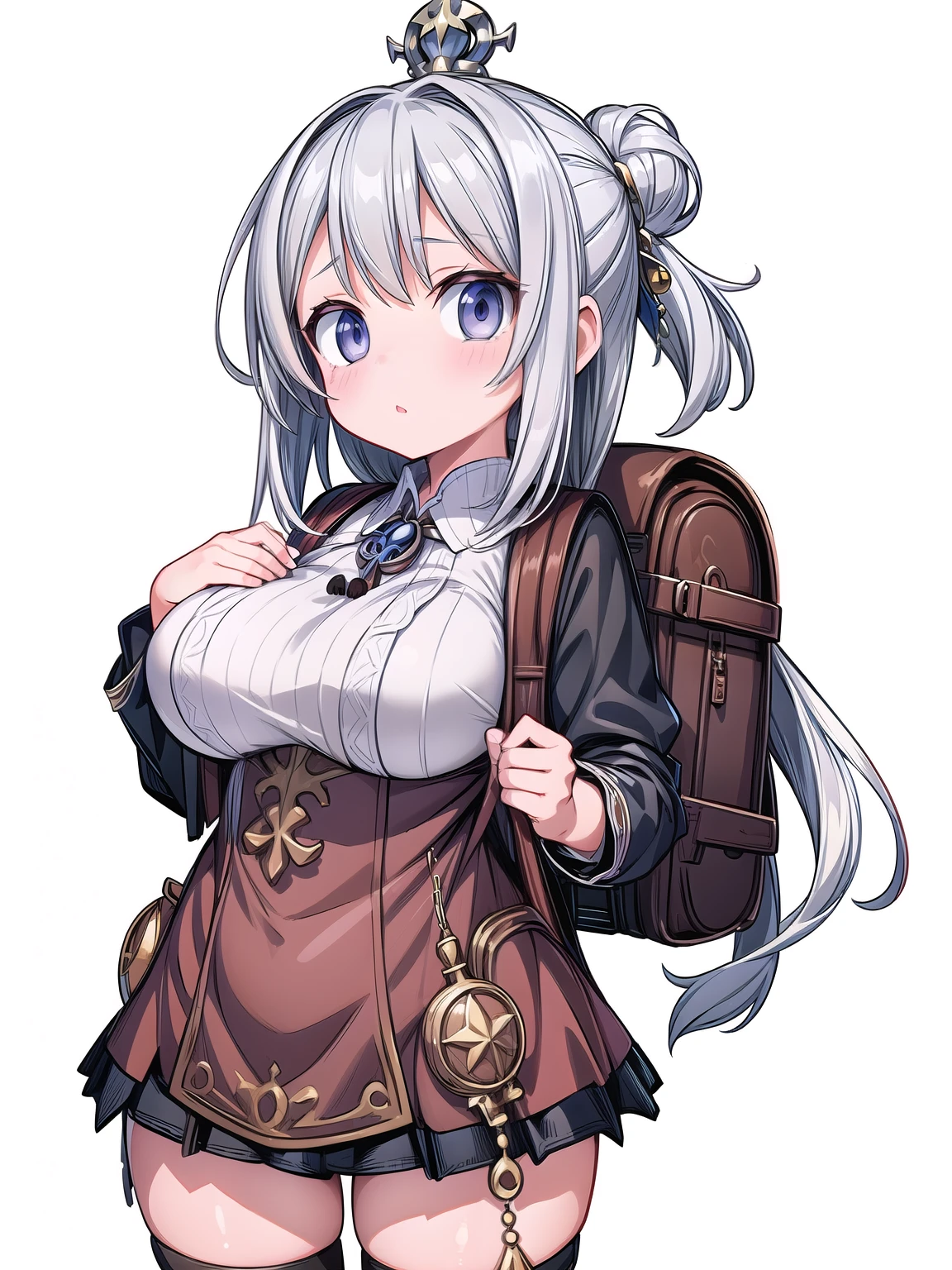 (girl:1.2), (silver hair:1.2), (large breasts), (pixiv masterpiece:1.2), (fantasy traveler merchant heavy clothing backpack:1.3), (white background:1.0), (solo:1.1)