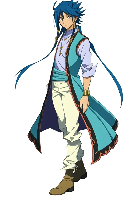 (masterpiece, best quality:1.2), 1 boy, Solitary, Xiangshen, Blue Hair, Japanese cartoons, Pants, jewelry, coat, Long sleeve, braid, Yellow eyes, magic background