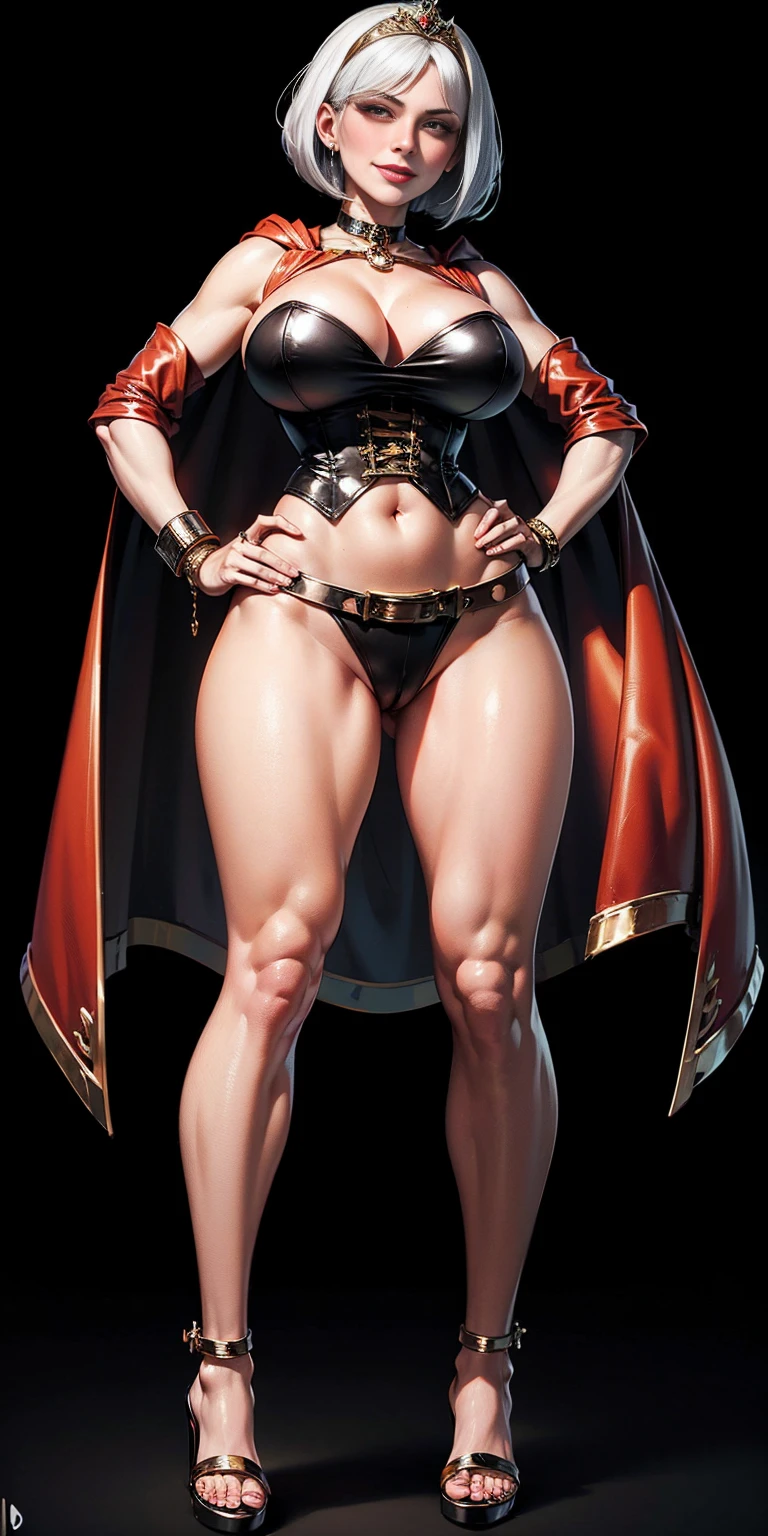 ((BLACK BACKGROUND,1:2, masterpiece)), full body MILF BIMBO standing with two long thighs and two high heels, red eyes, silver white hair, short bob style hair, big breasts, cleavage, separate sleeves, tiara royal, long cape up to two feet, yellow bikini, hands on waist, navel, lustful smirking smiling, smile face (red blushed, red cheeks), metal shoulders, gold sleeveless armbands, black leather choker slave collar, shackle bracelets, sex slave red crest, full body MILF BIMBO standing with two long thighs and two metal sandals, red eyes, silver white hair, short bob style hair, big breasts, cleavage, separate sleeves, tiara royal, long cape up to two feet, yellow bikini, hands on waist, navel, lustful smirking smiling, smile face (red blushed, red cheeks), metal shoulders, gold sleeveless armbands, black leather choker slave collar, shackle bracelets, sex slave red crest, pauldrons, breastplate, corset, eye focus, full body, whole body. 1solo . slave fighter, loincloth standing, hands on hips, metal sandals, backpack, choker, big belt, view from below, feet together, bracers, tiara)