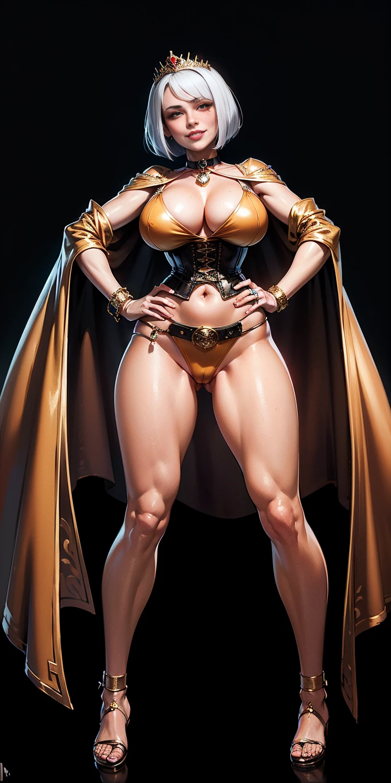 ((BLACK BACKGROUND,1:2, masterpiece)), full body MILF BIMBO standing with two long thighs and two high heels, red eyes, silver white hair, short bob style hair, big breasts, cleavage, separate sleeves, tiara royal, long cape up to two feet, yellow bikini, hands on waist, navel, lustful smirking smiling, smile face (red blushed, red cheeks), metal shoulders, gold sleeveless armbands, black leather choker slave collar, shackle bracelets, sex slave red crest, full body MILF BIMBO standing with two long thighs and two metal sandals, red eyes, silver white hair, short bob style hair, big breasts, cleavage, separate sleeves, tiara royal, long cape up to two feet, yellow bikini, hands on waist, navel, lustful smirking smiling, smile face (red blushed, red cheeks), metal shoulders, gold sleeveless armbands, black leather choker slave collar, shackle bracelets, sex slave red crest, pauldrons, breastplate, corset, eye focus, full body, whole body. 1solo . slave fighter, loincloth standing, hands on hips, metal sandals, backpack, choker, big belt, view from below, feet together, bracers, tiara)