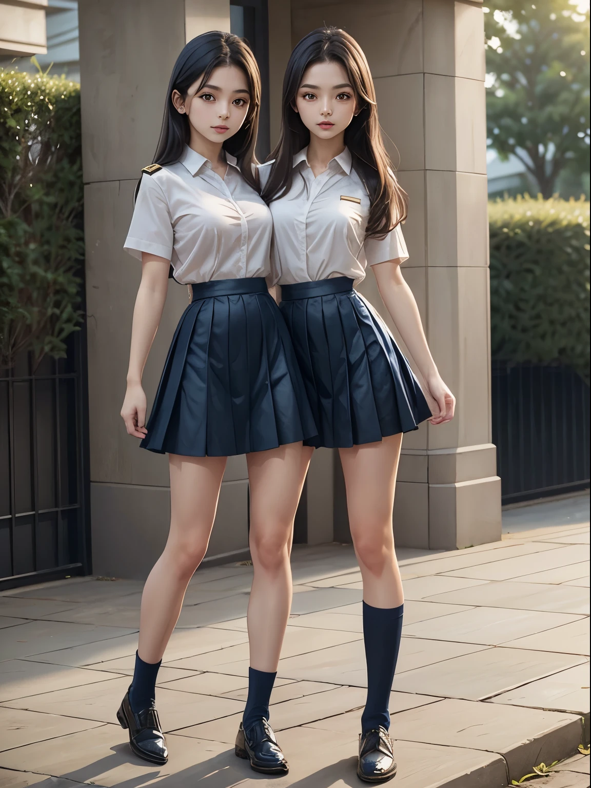 (extremely detailed CG:1.2), (masterpiece:1.2), (best quality:1.2),,((absurdres)),looking at viewer,full body,(long hair),(mathayom uniform),(white shirt short sleeves),(navy_blue pleated skirt),(long skirt),dynamic angle,standing,dynamic pose,((Delicate facial features)),, (two heads)