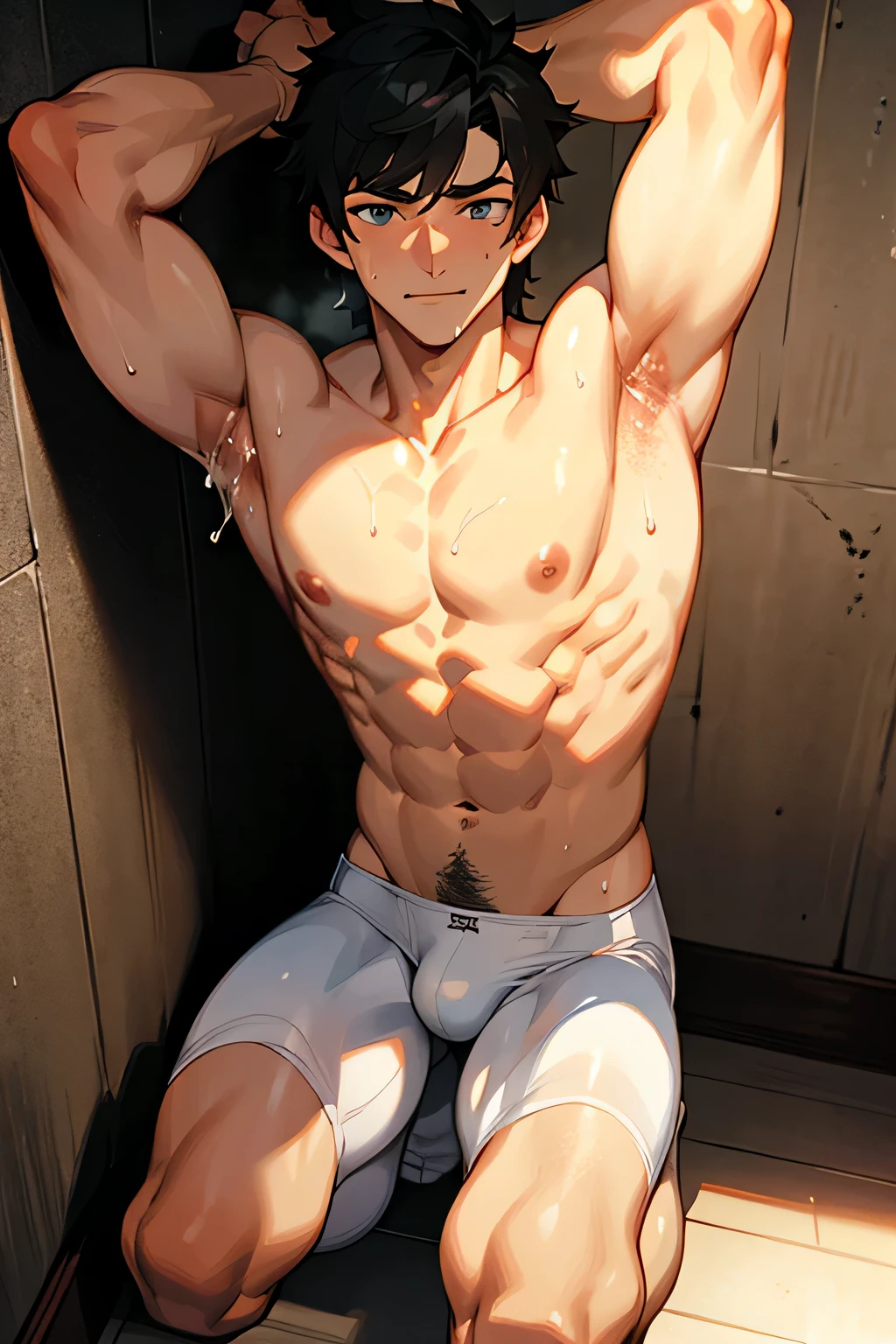 handsome manly short black hair caucasian male in white underwear, his arms raised, behind a wall, kneeling, shirtless, sweating profusely, drenched with sweat, awkward smile, in the bedroom