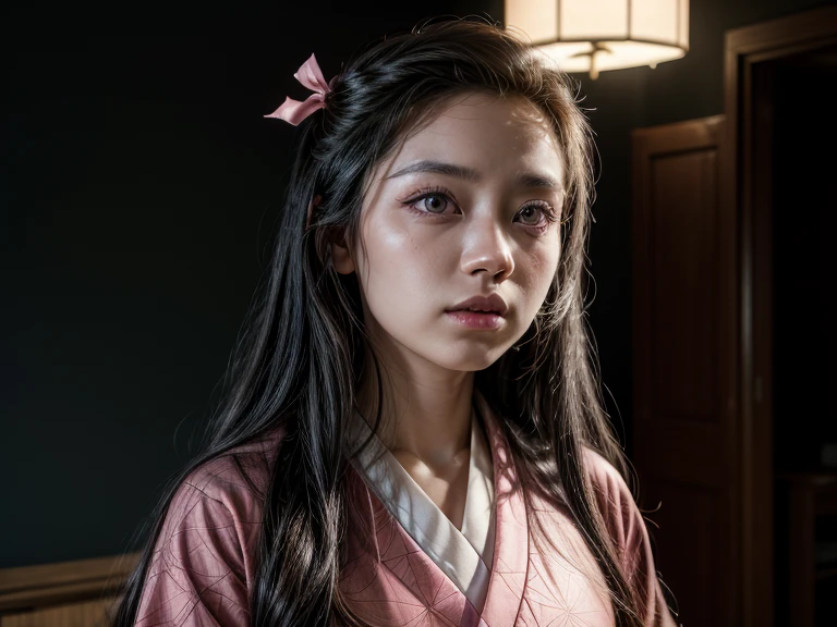 masterpiece, (photorealistic:1.5), realistic eyes, asian woman, best quality, beautiful lighting, professional lighting, photon mapping, radiosity, physically-based rendering, kamado nezuko, 1girl, black hair, forehead, hair ribbon, japanese clothes, kimono, long hair, multicolored hair, pink eyes, pink kimono, pink ribbon, ribbon, very long hair, bit gag, gagged, sky, ((aged up)), (RAW photo, 8k uhd, film grain)