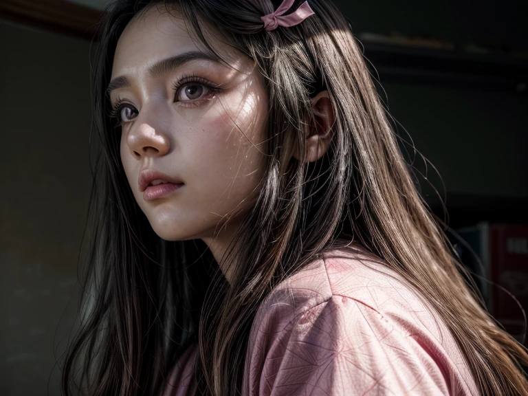 masterpiece, (photorealistic:1.5), realistic eyes, asian woman, best quality, beautiful lighting, professional lighting, photon mapping, radiosity, physically-based rendering, kamado nezuko, 1girl, black hair, forehead, hair ribbon, japanese clothes, kimono, long hair, multicolored hair, pink eyes, pink kimono, pink ribbon, ribbon, very long hair, bit gag, gagged, sky, ((aged up)), (RAW photo, 8k uhd, film grain)