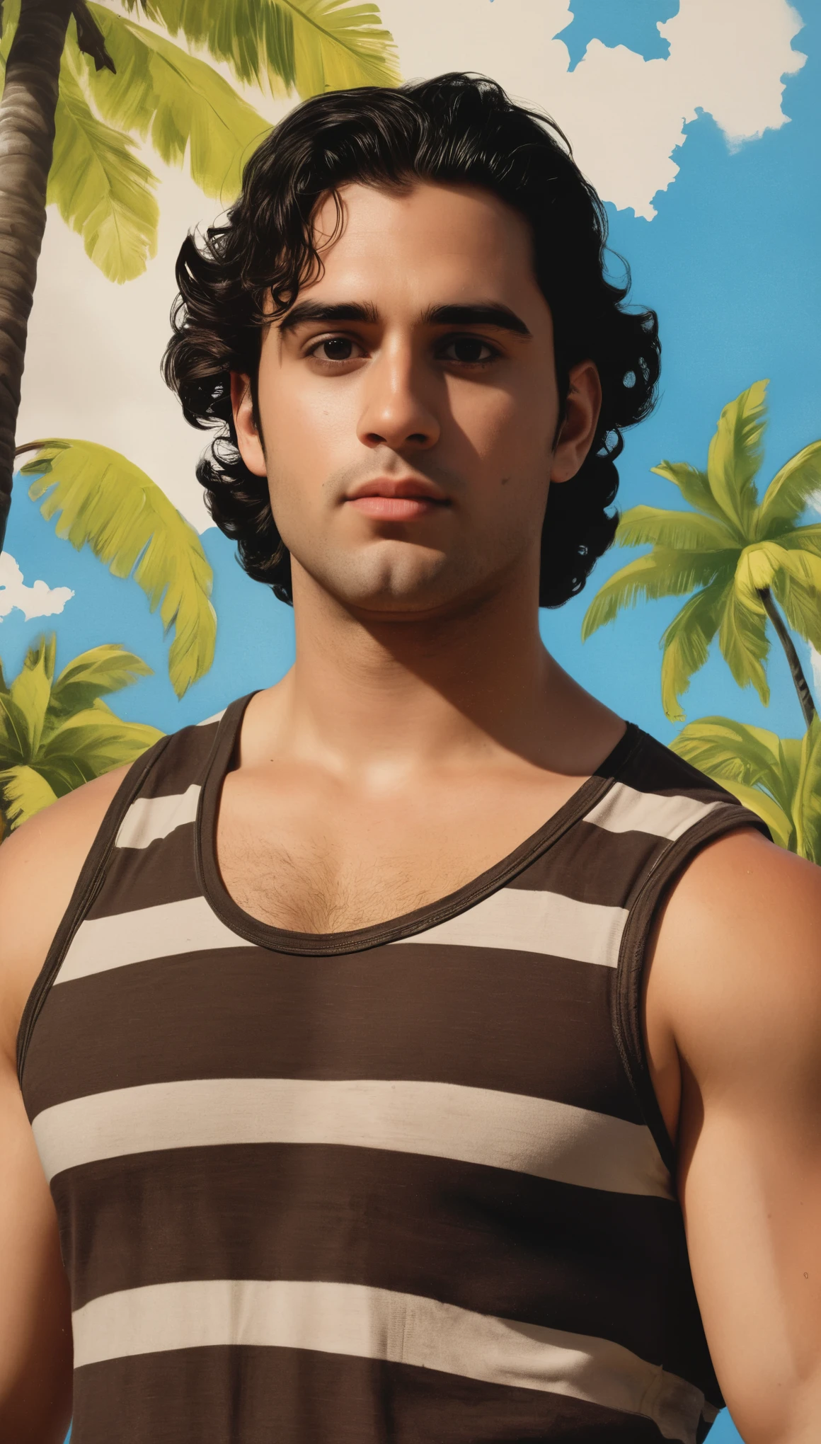 An illustrated movie poster of a man, 28 years-old, wearing a striped pirate shirt, stocky, soft doughy physique, deep brown eyes, wide bulbous nose, full lips, black hair, curly swept-back hair, thick bushy eyebrows, extremely hairy chest, stomach, and arms, lots of body hair, surrounded by an island paradise, hand-drawn, full color, multi-color, shadows, graphite shading, stencil marks, airbrushed acrylic paint, masterpiece
