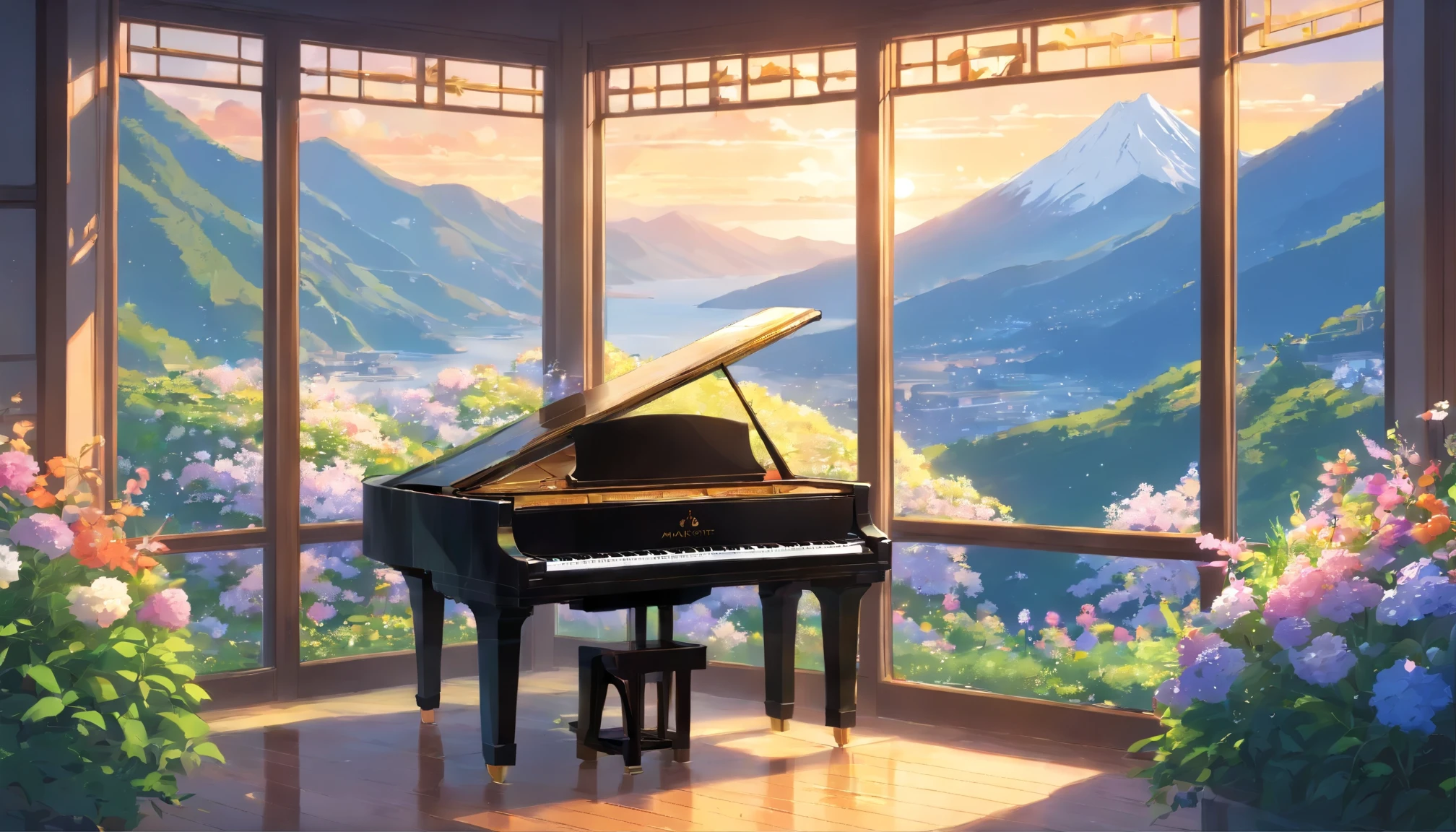 piano, Flowers, Mountain landscape with windows