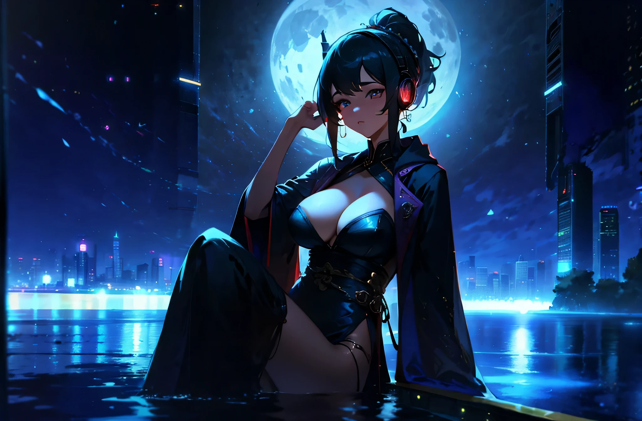 A woman wearing a bathrobe and headphones is lying by the pool、A beautiful night view behind、big breasts、sexy、Indoor pool with a night view、moonlight、exposed、Downlight、full moon、Stylish interior、Ruby Eye