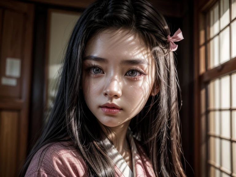 masterpiece, (photorealistic:1.5), realistic eyes, asian woman, best quality, beautiful lighting, professional lighting, photon mapping, radiosity, physically-based rendering, kamado nezuko, 1girl, black hair, forehead, hair ribbon, japanese clothes, kimono, long hair, multicolored hair, pink eyes, pink kimono, pink ribbon, ribbon, very long hair, bit gag, gagged, sky, ((aged up)), (RAW photo, 8k uhd, film grain)