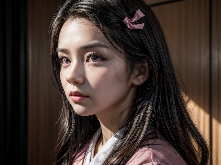 masterpiece, (photorealistic:1.5), realistic eyes, asian woman, best quality, beautiful lighting, professional lighting, photon mapping, radiosity, physically-based rendering, kamado nezuko, 1girl, black hair, forehead, hair ribbon, japanese clothes, kimono, long hair, multicolored hair, pink eyes, pink kimono, pink ribbon, ribbon, very long hair, bit gag, gagged, sky, ((aged up)), (RAW photo, 8k uhd, film grain)