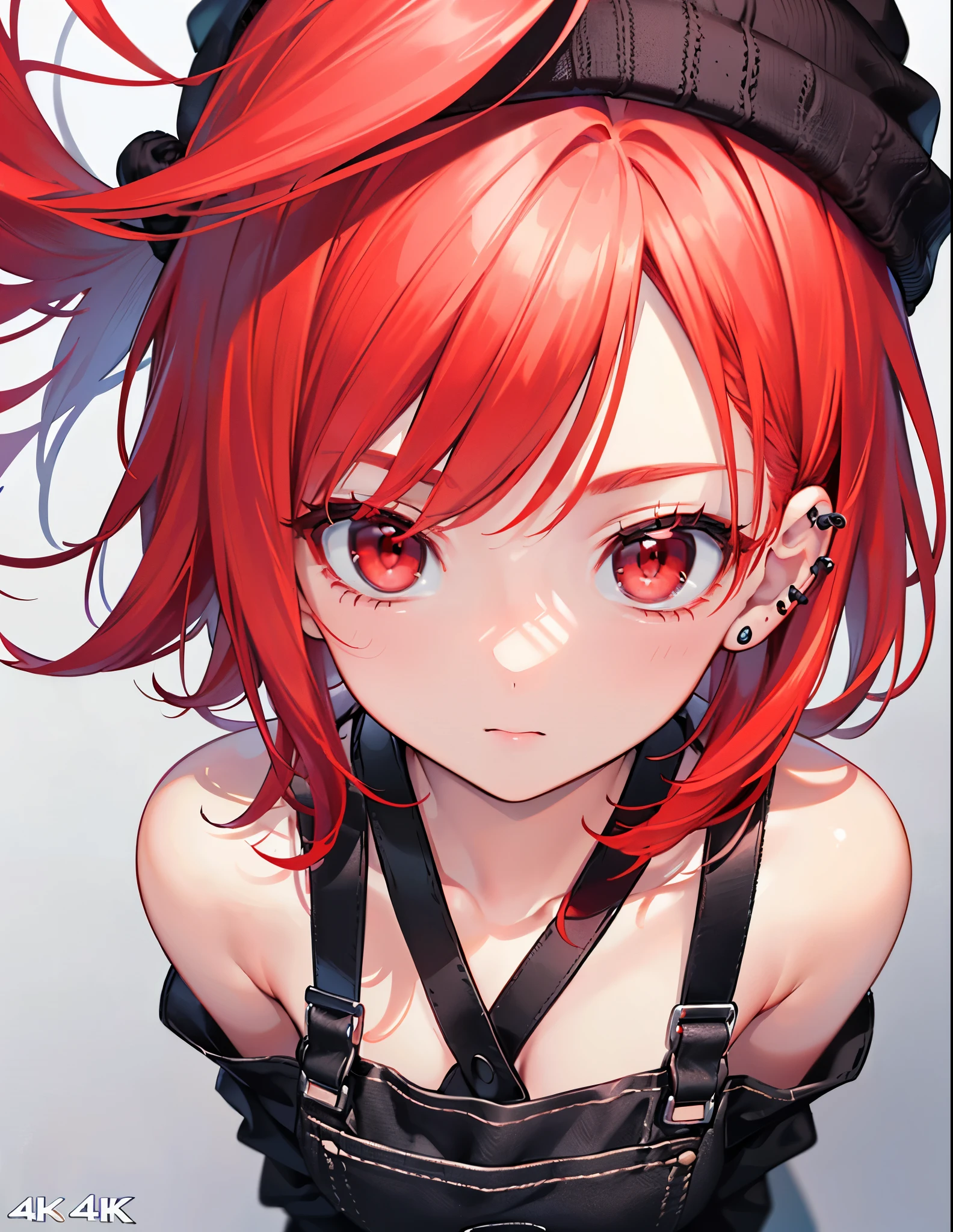 Realistic,highest quality, Ultra Detail, High-quality CG rendering, The most delicate and beautiful, Floating softly, High resolution, (1 girl), (Highest quality,4K,8K,masterpiece:1.2),(All red hair:1.5), (Medium Hair:1.5),(Red eyes:1.5), Black overalls、Black boots、Black knitted hat、pierced left ear、whole body,In town,