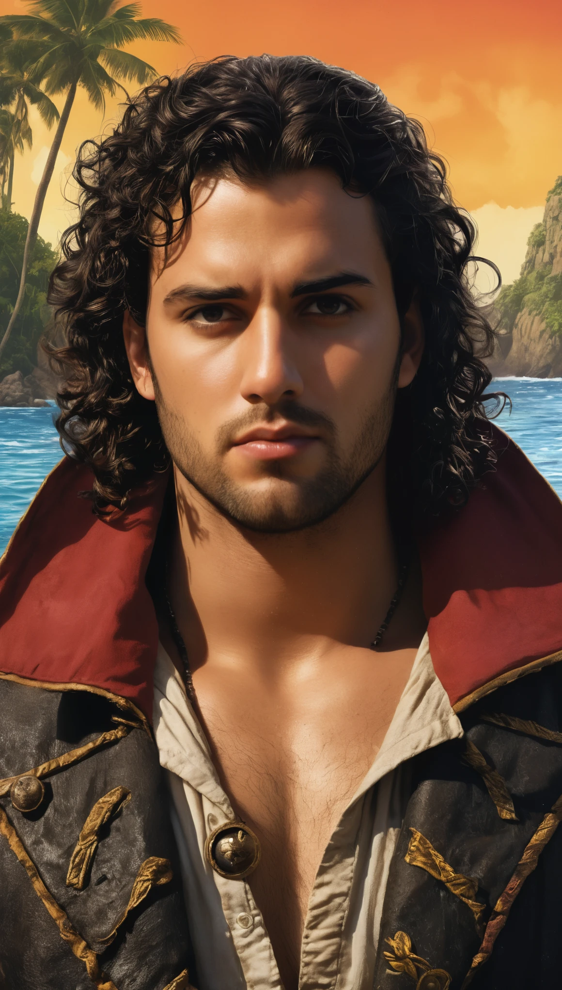 An illustrated movie poster of a man, 28 years-old, wearing a pirate's coat, stocky, soft doughy physique, deep brown eyes, wide bulbous nose, full lips, black hair, curly swept-back hair, thick bushy eyebrows, extremely hairy chest, stomach, and arms, lots of body hair, surrounded by an island paradise, hand-drawn, full color, multi-color, shadows, graphite shading, stencil marks, airbrushed acrylic paint, masterpiece