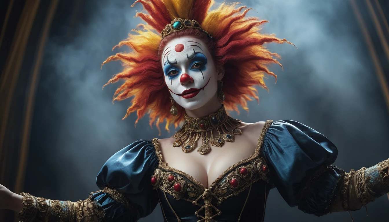 Commercial photography of a beautiful woman clown (foggy:1.2), silhouetted in soft shadow (photograph:1.2) , uhd photorealisitc authentic wearing ornate clown costume and intricate voodoo makeup, shoulders, intricate details, vivid colors, frightening surroundings, correct details, in the style of amano, karol bak, akira toriyama, and greg rutkowski , perfect composition, beautiful detailed intricate insanely detailed octane render trending on artstation, 8 k artistic photography, photorealistic concept art, soft natural volumetric cinematic perfect light, chiaroscuro, award - winning photograph, masterpiece, oil on canvas, raphael, caravaggio, greg rutkowski, beeple, beksinski, giger, perfect composition, beautiful detailed intricate insanely detailed octane render trending on artstation, 8 k artistic photography, photorealistic concept art, soft natural volumetric cinematic perfect light, chiaroscuro, award - winning photograph, masterpiece, oil on canvas, raphael, caravaggio, greg rutkowski, beeple, beksinski, giger, (beautiful supermodel:1.1) dancing with her arms stretched out to her sides tops of her large supple breasts exposed, (full body), detailed background bokeh