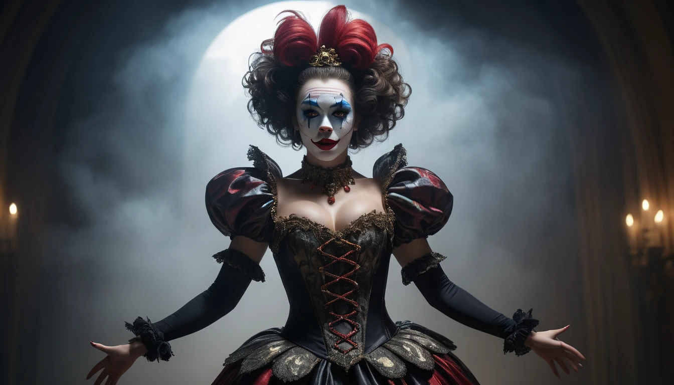 Commercial photography of a beautiful woman clown (foggy:1.2), silhouetted in soft shadow (photograph:1.2) , uhd photorealisitc authentic wearing ornate clown costume and intricate voodoo makeup, shoulders, intricate details, vivid colors, frightening surroundings, correct details, in the style of amano, karol bak, akira toriyama, and greg rutkowski , perfect composition, beautiful detailed intricate insanely detailed octane render trending on artstation, 8 k artistic photography, photorealistic concept art, soft natural volumetric cinematic perfect light, chiaroscuro, award - winning photograph, masterpiece, oil on canvas, raphael, caravaggio, greg rutkowski, beeple, beksinski, giger, perfect composition, beautiful detailed intricate insanely detailed octane render trending on artstation, 8 k artistic photography, photorealistic concept art, soft natural volumetric cinematic perfect light, chiaroscuro, award - winning photograph, masterpiece, oil on canvas, raphael, caravaggio, greg rutkowski, beeple, beksinski, giger, (beautiful supermodel:1.1) dancing with her arms stretched out to her sides tops of her large supple breasts exposed, (full body), detailed background bokeh