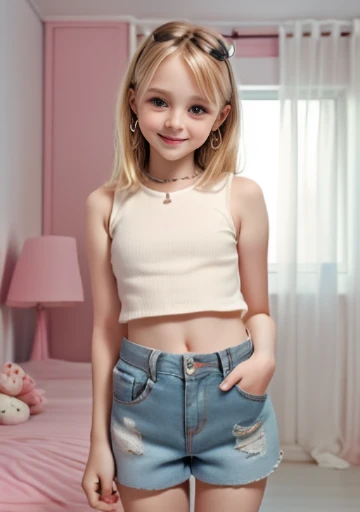 A cute white girl、10 years old、Big eyes、small breasts, Blonde、smile、Full body、Bedroom、perfect lighting、background blur、High resolution、High resolution、High color rendering、High resolution、Super realistic、realistic、cute, cute, cute, shorts