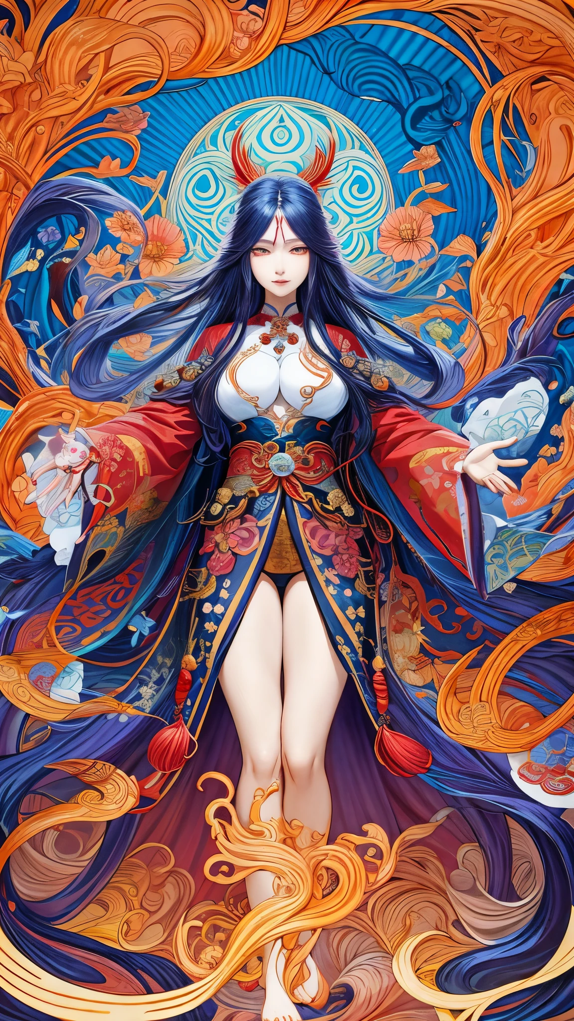a painting of a woman with long hair and a flower in her hand, korean art nouveau anime, japanese goddess, flowing hair and long robes, anime fantasy illustration, inspired by Sōami, akira from chinese mythology, japanese art style, a beautiful kitsune woman, inspired by Nōami, inspired by Tsukioka Yoshitoshi, autumnal empress