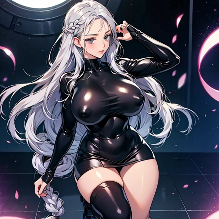 (Anime Moe Style)),((Game CG)),(masterpiece),(highest quality), (Very detailed),shape,((Very delicate and beautiful)), , Very embarrassed look,Looking at the audience,(((18-year-old female)),((whole body)),Detailed face and eyes,Jewel-like eyes,(Loosely braided long hair),,,(Super huge breasts,Long and slightly saggy breasts,very big nipples) Silver hair and black eyes Plump body Rubber suit, ultra-mini skirt, black knee socks