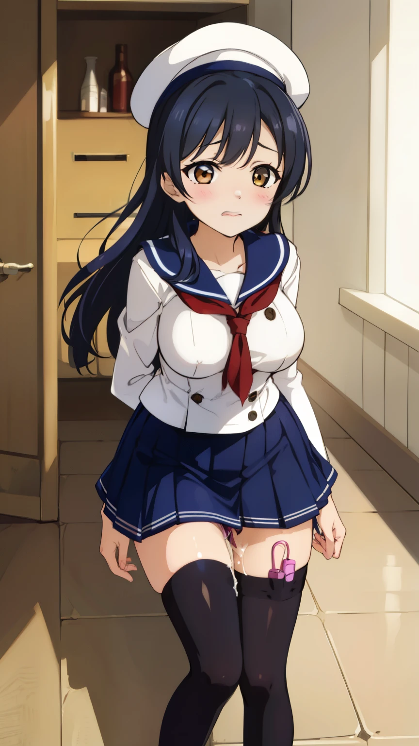 2 girls, by 2 person, Girl's brown eyes, Black Hair, Medium Long Hair, Inner Roll、(navy blue sailor suit:1.4),Indoors, Cafe、Very large breasts、Publish one'Chest、裸Chest、blush、Embarrassing、Scary face、I'm worried、Confused face、A face that feels、Pleasant face、a large amount of breast milk comes out of the nipples,、Breast milk gushes from the nipple、Very short skirt、Micro Mini Skirt、female shape'Private parts are clearly visible、take off pants、Half-off pants、Black Pantyhose、vibrator in thighhighs、Jump、Undressing panties