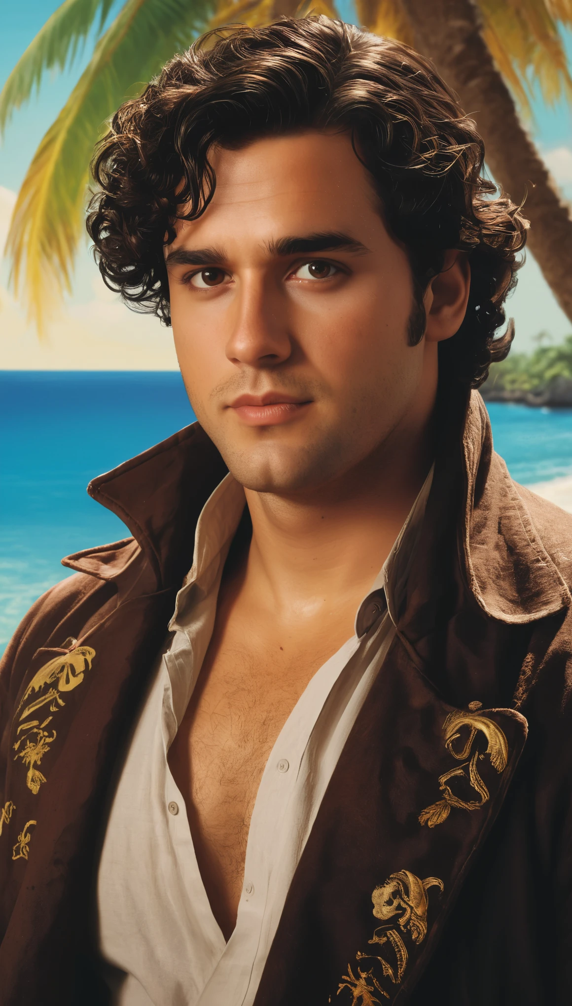 An illustrated movie poster of a man, 28 years-old, wearing a pirate's coat, stocky, soft doughy physique, deep brown eyes, wide bulbous nose, full lips, black hair, curly swept-back hair, thick bushy eyebrows, extremely hairy chest, stomach, and arms, lots of body hair, surrounded by an island paradise, hand-drawn, full color, multi-color, shadows, graphite shading, stencil marks, airbrushed acrylic paint, masterpiece