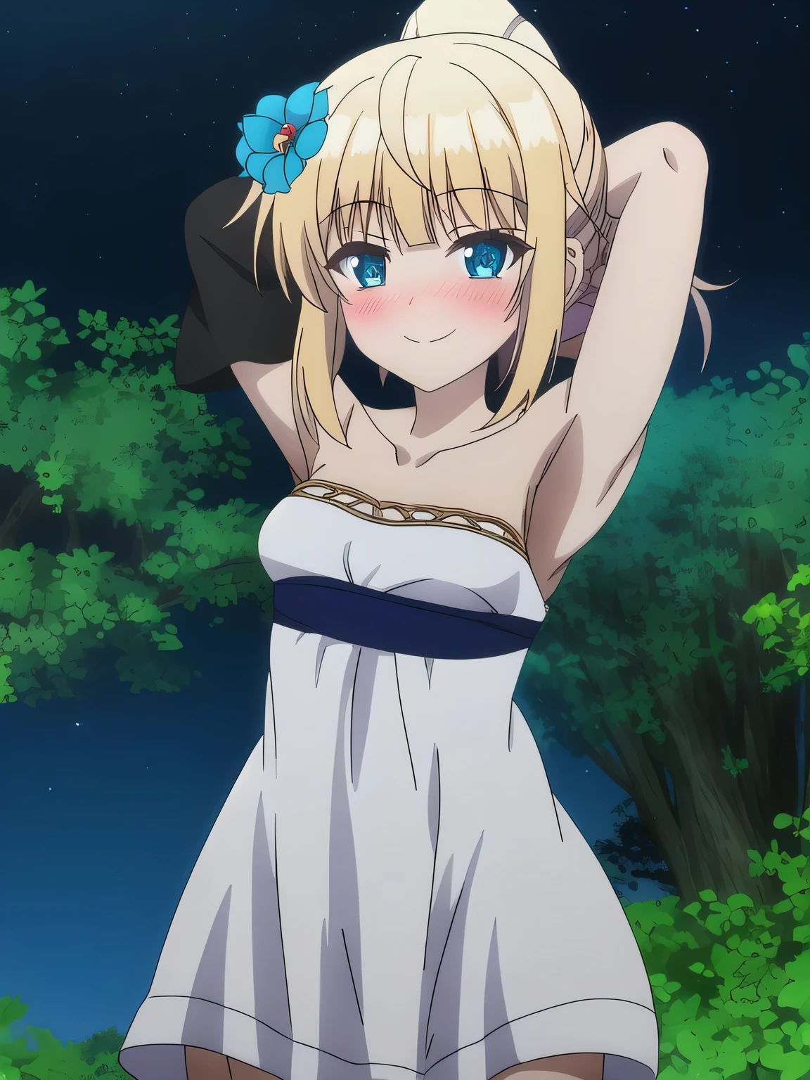 sora, anime art style, 1girl, solo, blush, bangs, blue_eyes, blonde_hair, hair_ornament, dress, bare_shoulders, collarbone, shy, ponytail, braid, flower, blushing, hair_flower, white_dress, blue_flower, solo, night sky, forest, arms behind head, looking at viewer, contrapposto, spread armpits, closed mouth, smile, (cowboy shot:1.5)