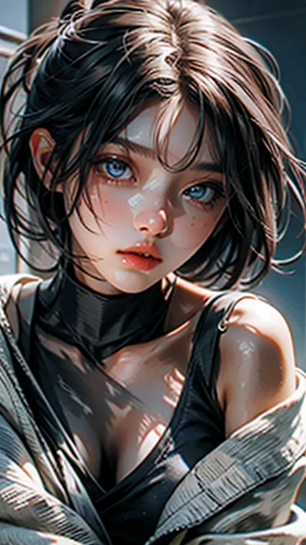Best Quality, Realistic, (gray short hair girl), with fair skin and seductive blue-eyes, damp skin, detailed face, huge eyes, very small face, detailed eyes, big eyes, dropy eyes, Double eyelid, Glossy eyes, (Wearing Monotone shorts), Adopt a curvaceous posture, damp skin, daily、in a dungeon, With a high ponytail and small breasts, wet breasts、small soft breasts、soft skin、bold exposure、wet skin、damp skin、captivate your audience、leaning forward、Adopt a curvaceous posture, Blurred background