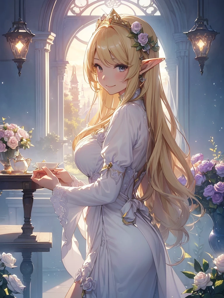 最high quality、Best image quality、masterpiece、Beautiful Face、、Titania、View from the side、Super beautiful elf girl((22 year old office lady big bust、Bust 90,Beautiful long ironed hair、blonde、height: 165cm。thin、Beautiful dress、cowboy shot,、Esbian、.high quality、美しいart、、Pieces fly、ビジュアルart、Depth of written border、、Elf Ears、、Lightのmagic、、Happy smile、穏やかなLight、Beautiful Forest、birdie、カラフルなflower、elegant、ticker beautiful decorative、table、tea、lunch、mystery的な　Rosa、Rose、、Light、　null、art、Lord of the Ring、Spectacular scenery、sexy、A friendly smile、wonderful、flower畑、nature、宇宙のmagic、magicのLight、Fantasy、flower、super REALITYa lotのRose、magic、Grow Fantasy、、mysteryのLight、Art Nouveau、Alphonse　a lot、、art、art,mystery,UHD,magicalgentle light,sexy