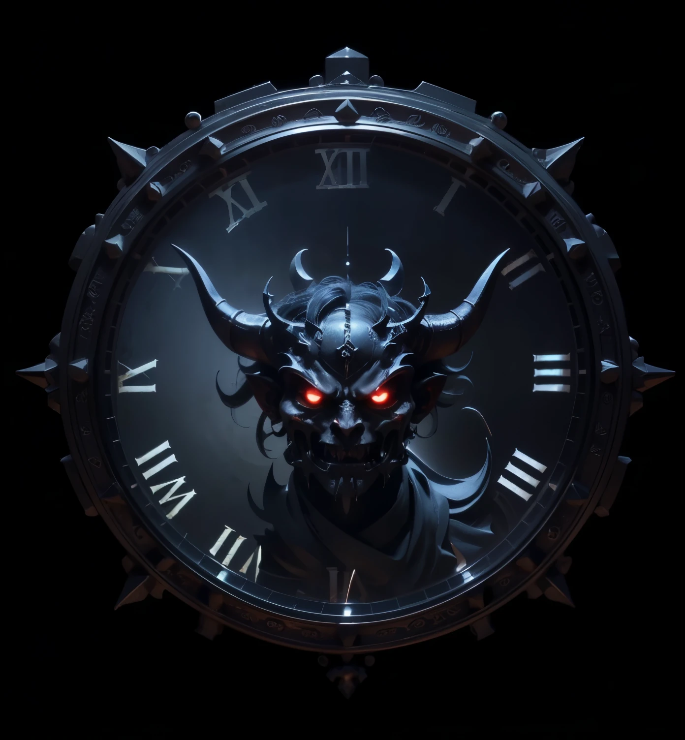 (Big clock:1),There is a demon head in the middle of the clock,(Spiked outline:1),Dark,Devil Clock,metallic feel,安Dark概念艺术,HD Wallpapers,8k,European pattern,(No human-related:1)