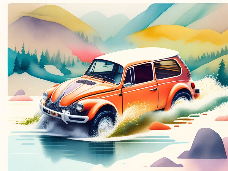 graphic design, flat design, VW Beatle 1973 off-road, passing through a river. watercolor splashes, highly detailed clean, photorealistic masterpiece, professional photography, realistic car, Colorful background, isometric, vibrant color vector