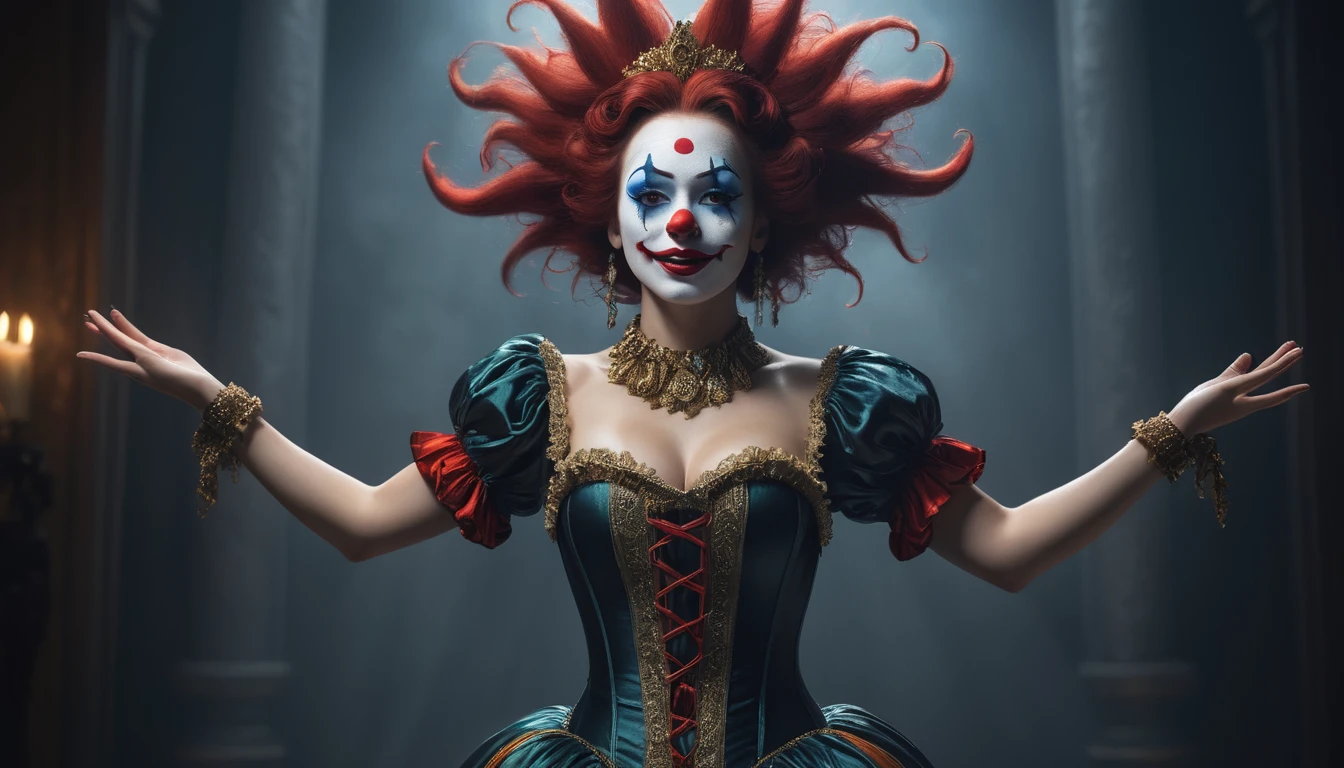 (masterpiece, 8K, UHD, RAW), a sexy girl kissing a evil clown in bed, (((a beautiful young woman riding on top of one huge horrific circus clown with a red nose))), (she rides the male Clown with lustful femininity), her beautiful body is covered by a sheer translucent white tunic with Art Nouveau embroidery, big sexy perky breasts, her pristine delicate features contrasts with the horrendous menacing fangs of the corrupted male clown, full body vibrant illustrations, intricately sculpted, realistic hyper-detailed portraits, queencore, depicts real life, the scene happens in a luxurious Art Nouveau boudoir with studio illumination, red and teal silk satin, Sexy smile,