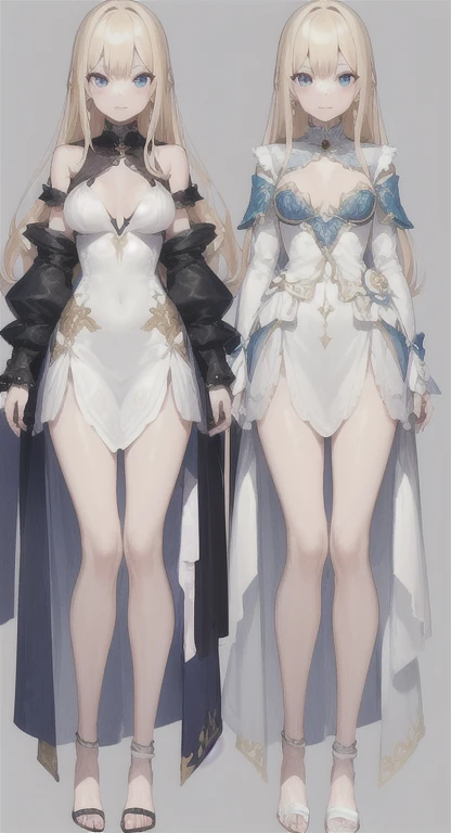 Charterner v2, One girl, whole body, Blonde, Long Hair, blue eyes, white dress with blue detaileds, Princess, same clothes, Concept Art, whole body, detailed_face, line_sketch, plan, Official Art, Official Alternative Costumes, Design style, multi style, detailed character, 4_~ side, original, 8K GC, massive detailed, Multiple Views of the same character, No background, only detailed character, technical illustration, Multiple Views,masterpiece,highest quality
