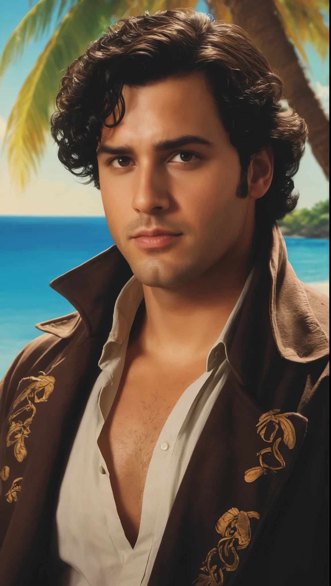 An illustrated movie poster of a man, 28 years-old, wearing a pirate's coat, stocky, soft doughy physique, deep brown eyes, wide bulbous nose, full lips, black hair, curly swept-back hair, thick bushy eyebrows, extremely hairy chest, stomach, and arms, lots of body hair, surrounded by an island paradise, hand-drawn, full color, multi-color, shadows, graphite shading, stencil marks, airbrushed acrylic paint, masterpiece