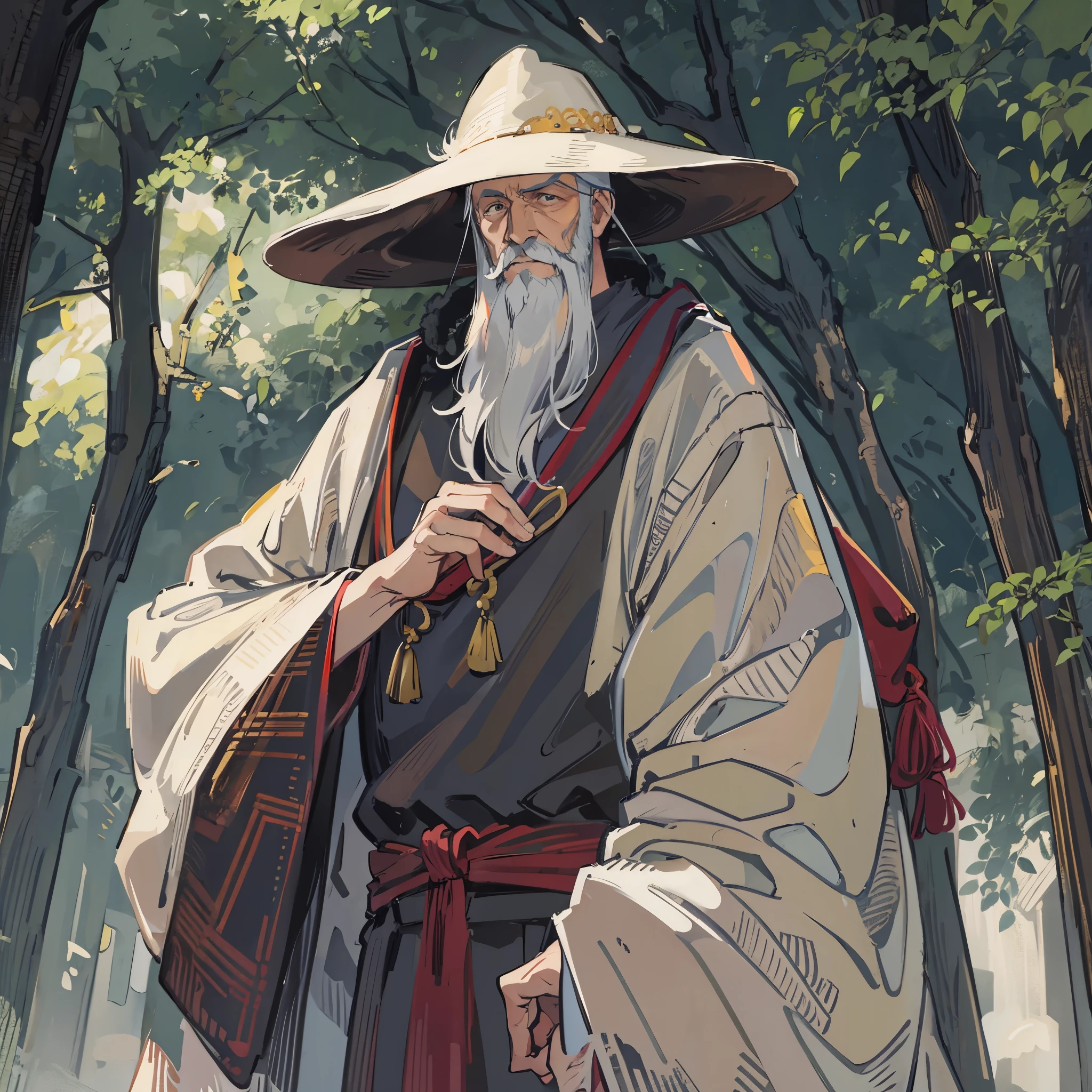 an old man,White beard,Baldhead,Taoist monk costume,Wearing monastic robes,Meditation in the woods。Medium shot composition,Full body pictures,color,Anime illustration style,HD,4K。
