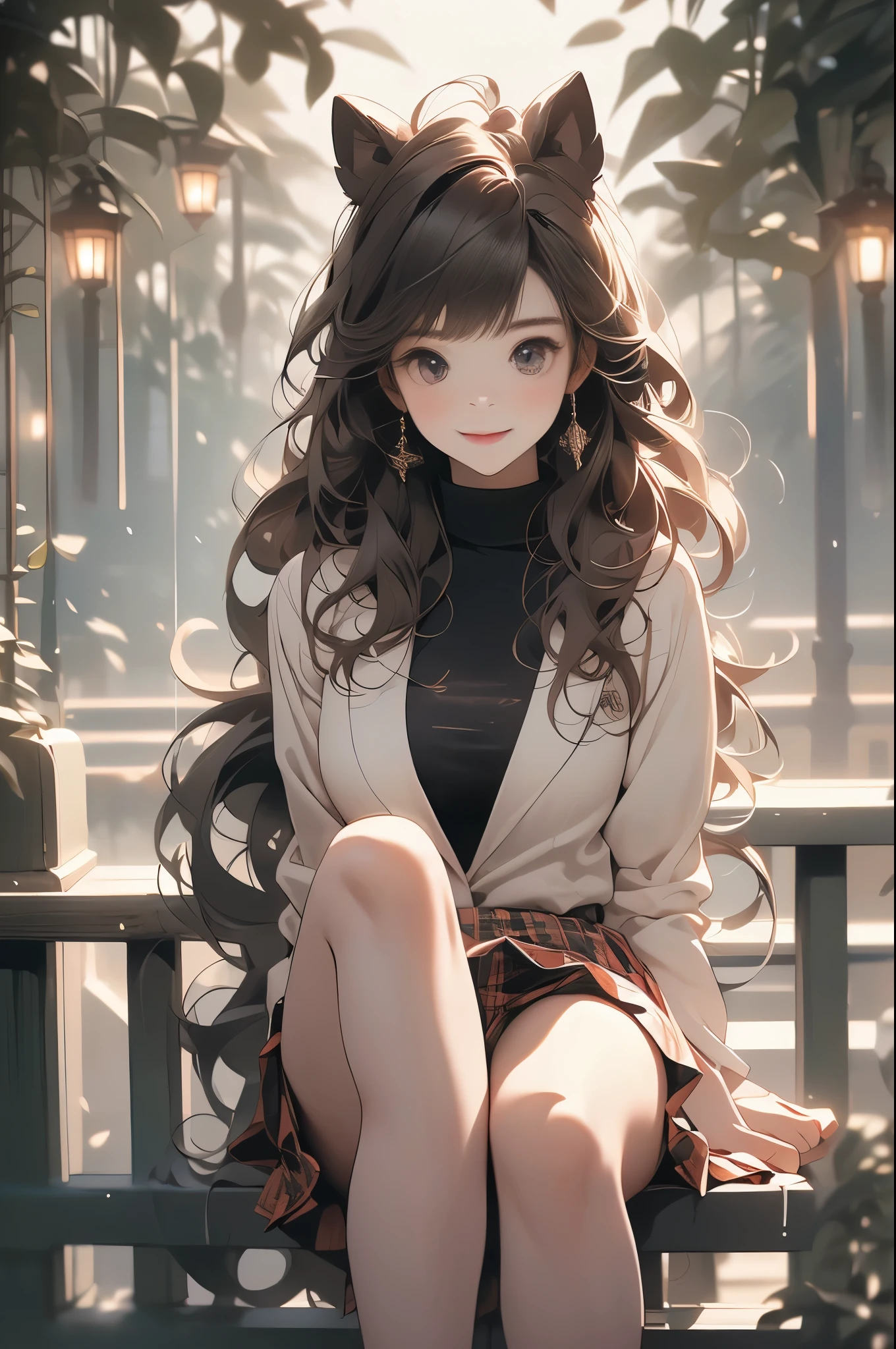 (Surreal)、(lamplight)、(A high resolution)、(8K)、(The content is very detailed)、(Best Best Illustration)、(beautidful eyes)、(quality)、(ultra - detailed)、(tmasterpiece)、(wall-）、（A detailed的the face）、solo、1 girl in、looking at viewert、Fine and detailed、A detailed的the face、In the darkness of the night、Depth shadows、low pitch、purebred face_v1、A smile、long、Black shawl straight hair、46 points oblique bangs,female student、(Brightly colored mini skirt,What about the lattice)、A smile, actual, realistically, hight contrast, photon maping, Authentic images, super detailing, low angles: 1.5, 1 girl, Alone: 1.5, pop star, Kaibo idol, dress up like k-pop, sexy for, Open your legs forward, Fancy makeup, blazer jacket: 1.3, short  skirt: 1.3,, high-heels, M-shaped open legs: 1.3, Open your legs 180 degrees, with an open crotch: 1.3, long brown hair, wet white: 1.5, You can see it from under the skirt: 1.3, Height 170 cm,ctextured skin