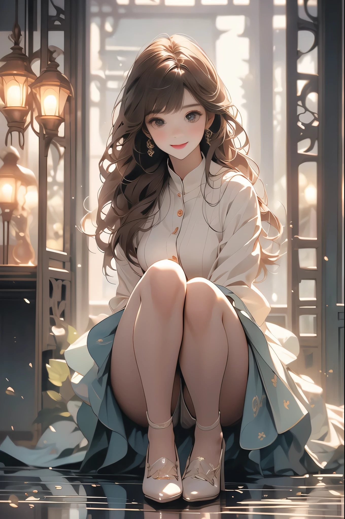 (Surreal)、(lamplight)、(A high resolution)、(8K)、(The content is very detailed)、(Best Best Illustration)、(beautidful eyes)、(quality)、(ultra - detailed)、(tmasterpiece)、(wall-）、（A detailed的the face）、solo、1 girl in、looking at viewert、Fine and detailed、A detailed的the face、In the darkness of the night、Depth shadows、low pitch、purebred face_v1、A smile、long、Black shawl straight hair、46 points oblique bangs,female student、(Brightly colored mini skirt,What about the lattice)、A smile, actual, realistically, hight contrast, photon maping, Authentic images, super detailing, low angles: 1.5, 1 girl, Alone: 1.5, pop star, Kaibo idol, dress up like k-pop, sexy for, Open your legs forward, Fancy makeup, blazer jacket: 1.3, short  skirt: 1.3,, high-heels, M-shaped open legs: 1.3, Open your legs 180 degrees, with an open crotch: 1.3, long brown hair, wet white: 1.5, You can see it from under the skirt: 1.3, Height 170 cm,ctextured skin