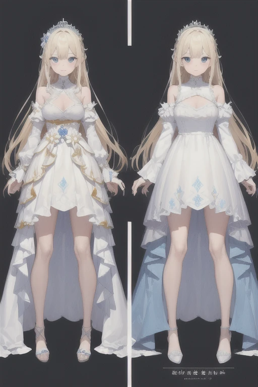 Charterner v2, One girl, whole body, Blonde, Long Hair, blue eyes, white dress with blue detaileds, Princess, same clothes, Concept Art, whole body, detailed_face, line_sketch, plan, Official Art, Official Alternative Costumes, Design style, multi style, detailed character, 4_~ side, original, 8K GC, massive detailed, Multiple Views of the same character, No background, only detailed character, technical illustration, Multiple Views,masterpiece,highest quality
