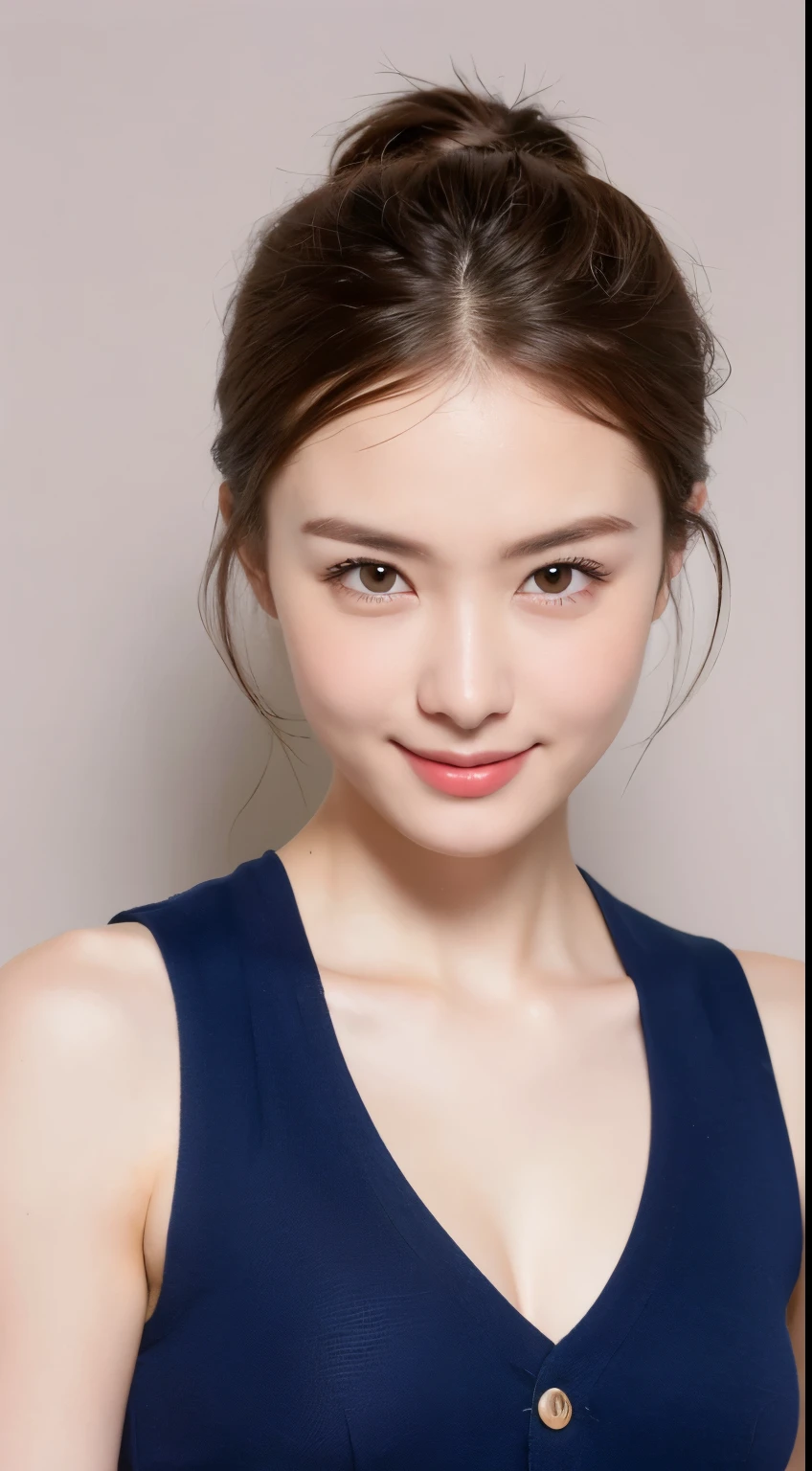 ((Best image quality, 8k, masterpiece:1.3)), One girl, beautiful woman with slim abs:1.3, (Casual Hairstyles, :1.2), Low Cut Vest，Ultra-fine face, Detailed eyes, double eyelid，smile。Take a photo with a cute pose，Very bad shape，Small waist，Super big ，close，close chest，White skin，Beautiful background