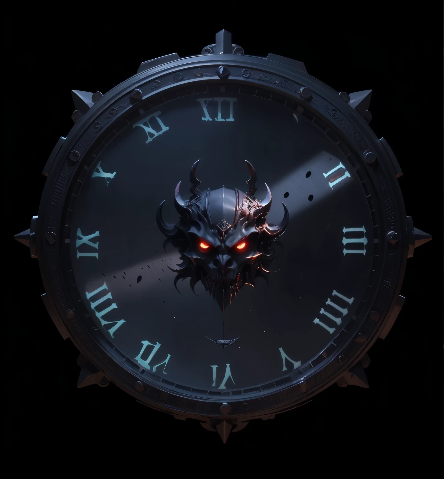 (Big clock:1),There is a demon head in the middle of the clock,(Spiked outline:1),Dark,Devil Clock,metallic feel,安Dark概念艺术,HD Wallpapers,8k,European pattern,(No human-related:1)
