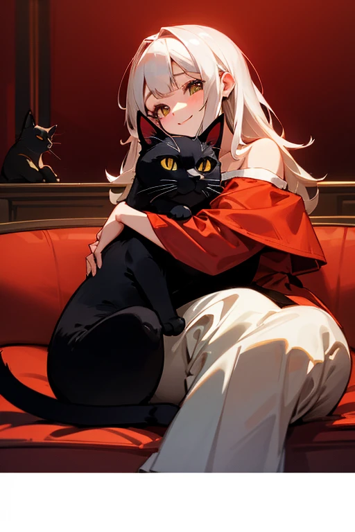 Black cat on lap、Hug a black cat、Off-the-shoulder girls、cute、Red cheeks、smile、The background is a sofa at home